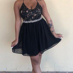 Black Lace and Chiffon Dress Trimmed in Rhinestone